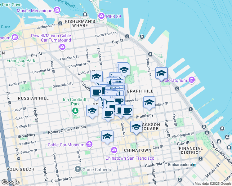 map of restaurants, bars, coffee shops, grocery stores, and more near 1425 Grant Avenue in San Francisco