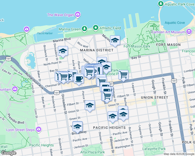 map of restaurants, bars, coffee shops, grocery stores, and more near Chestnut Street in San Francisco