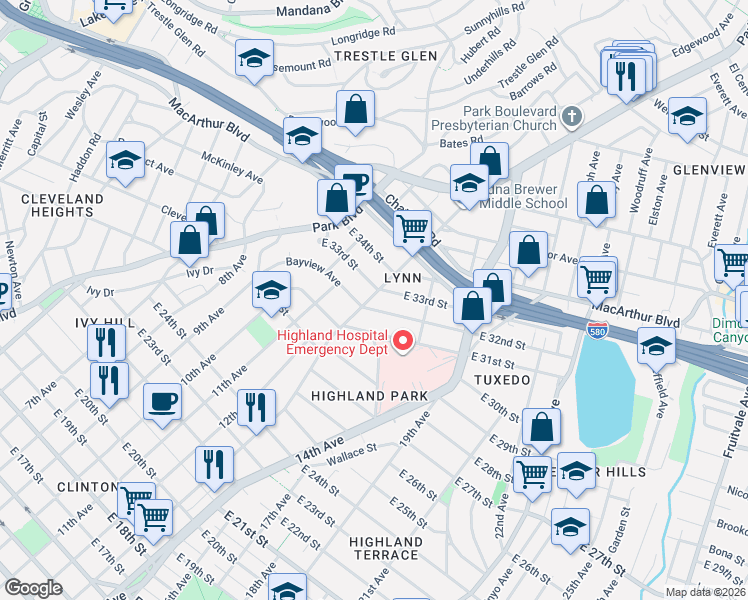map of restaurants, bars, coffee shops, grocery stores, and more near 3214 13th Avenue in Oakland