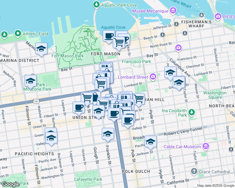 map of restaurants, bars, coffee shops, grocery stores, and more near 1450 Greenwich Street in San Francisco