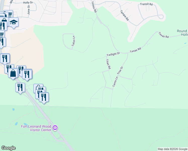map of restaurants, bars, coffee shops, grocery stores, and more near 16580 Titan Road in Saint Robert