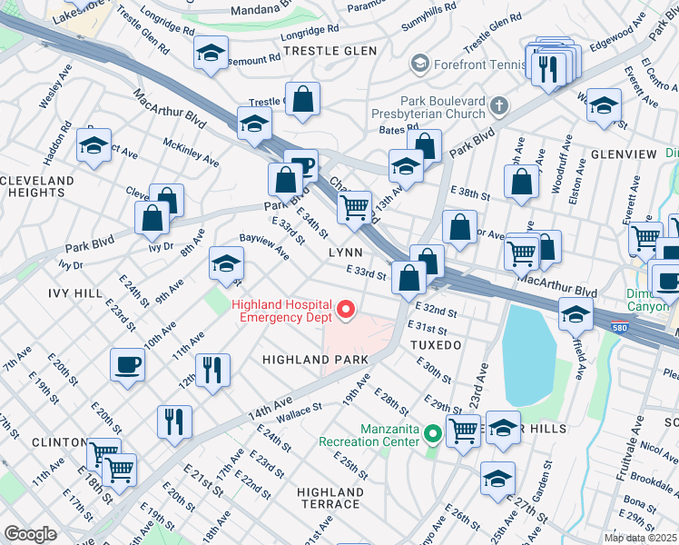 map of restaurants, bars, coffee shops, grocery stores, and more near 1315 East 34th Street in Oakland