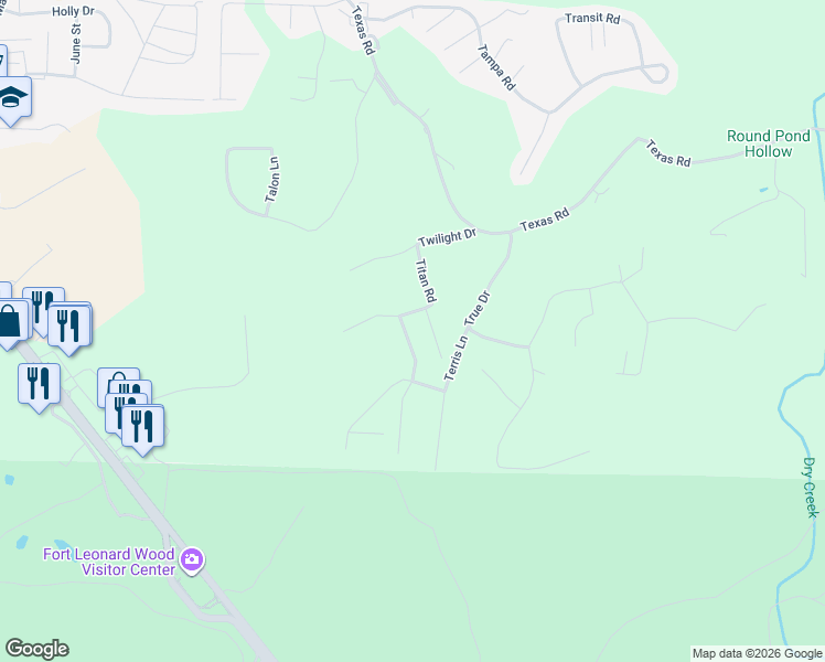 map of restaurants, bars, coffee shops, grocery stores, and more near 24570 Talladega Road in Saint Robert