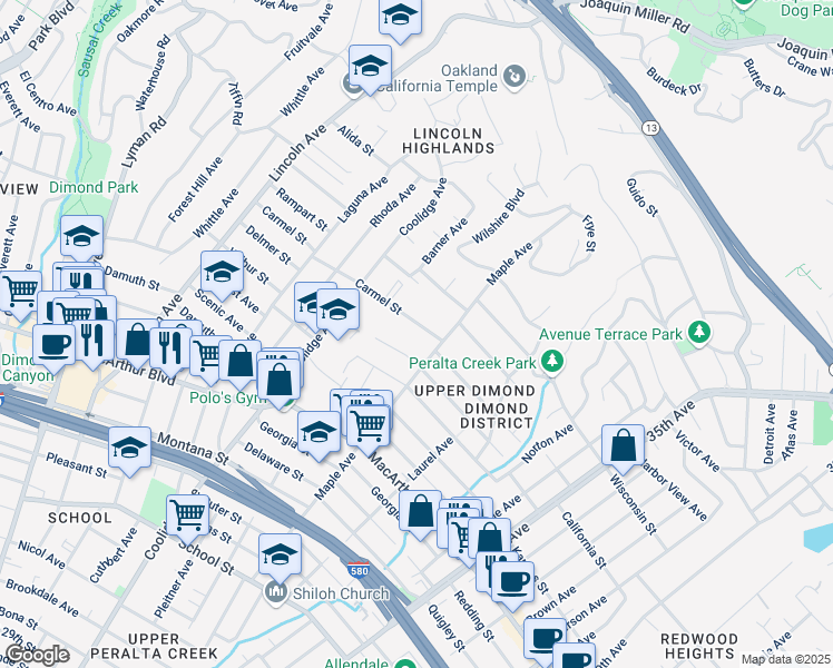 map of restaurants, bars, coffee shops, grocery stores, and more near 2941 Carmel Street in Oakland