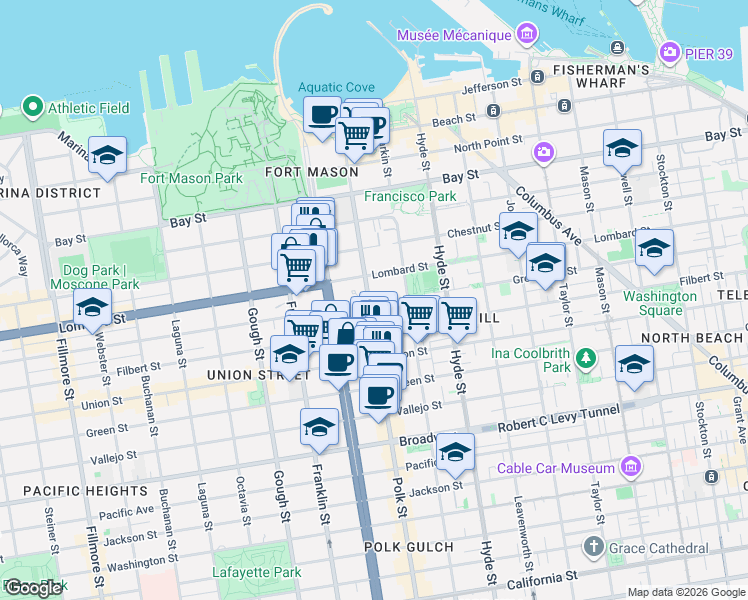 map of restaurants, bars, coffee shops, grocery stores, and more near 1271 Lombard Street in San Francisco