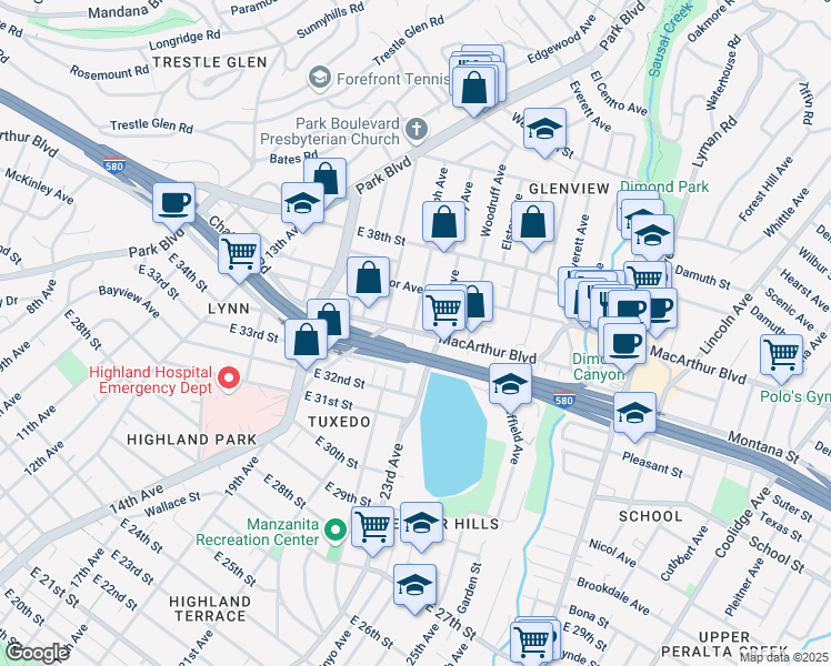 map of restaurants, bars, coffee shops, grocery stores, and more near 3534 Randolph Avenue in Oakland