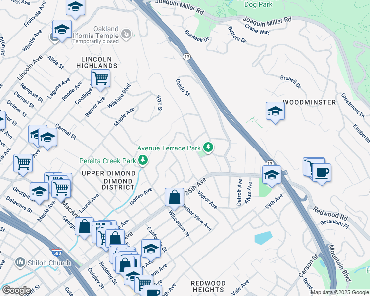 map of restaurants, bars, coffee shops, grocery stores, and more near 3332 Victor Avenue in Oakland