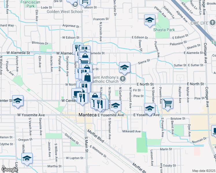 map of restaurants, bars, coffee shops, grocery stores, and more near 311 East North Street in Manteca