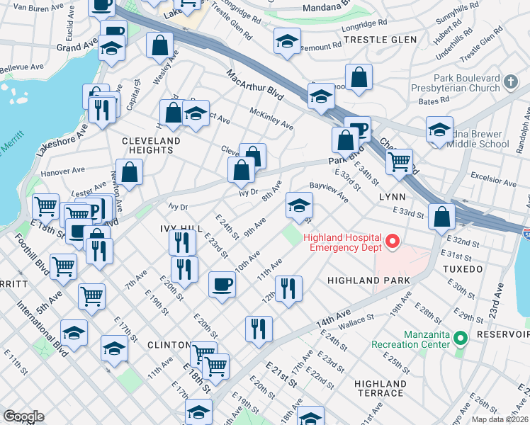 map of restaurants, bars, coffee shops, grocery stores, and more near 2605 9th Avenue in Oakland
