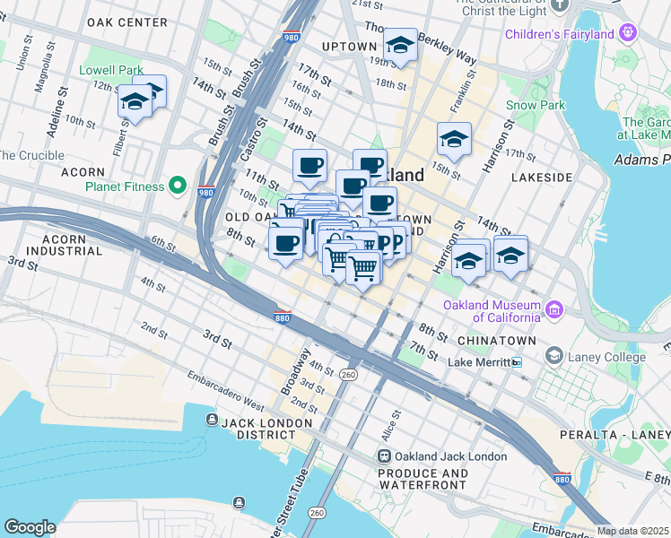 map of restaurants, bars, coffee shops, grocery stores, and more near 831 Broadway in Oakland