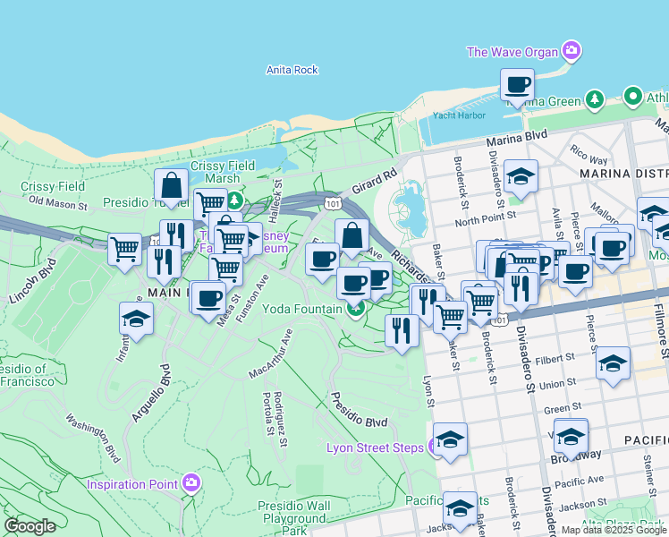 map of restaurants, bars, coffee shops, grocery stores, and more near 1051 Edie Road in San Francisco
