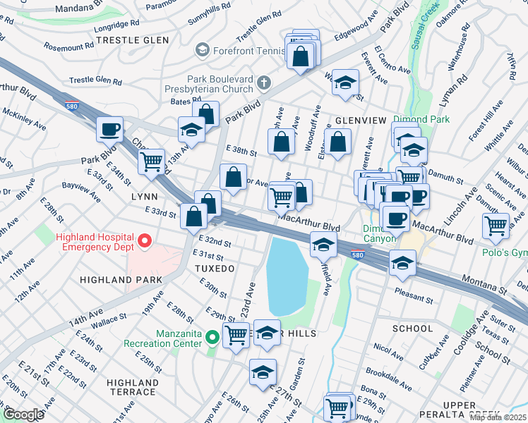 map of restaurants, bars, coffee shops, grocery stores, and more near 3534 Randolph Avenue in Oakland