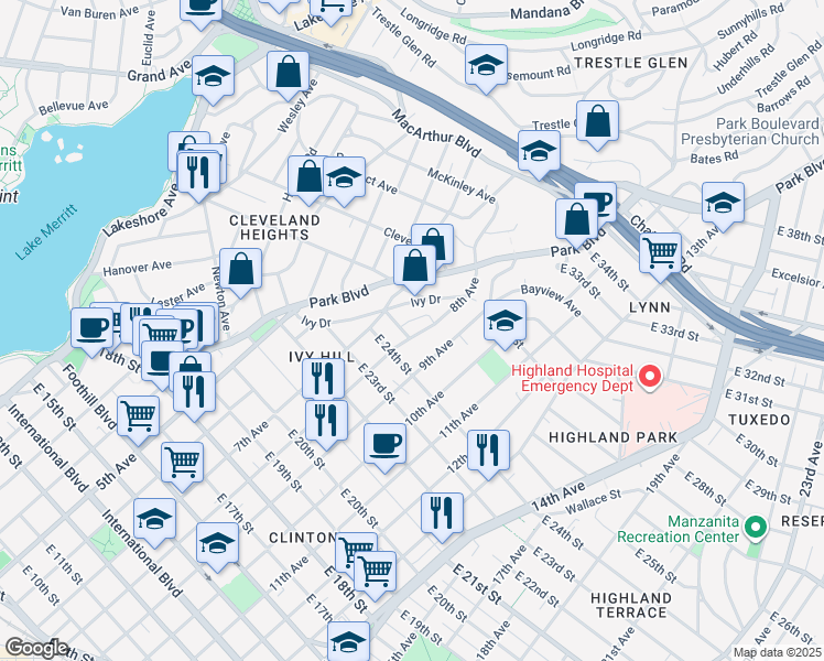 map of restaurants, bars, coffee shops, grocery stores, and more near 2558 Ivy Drive in Oakland