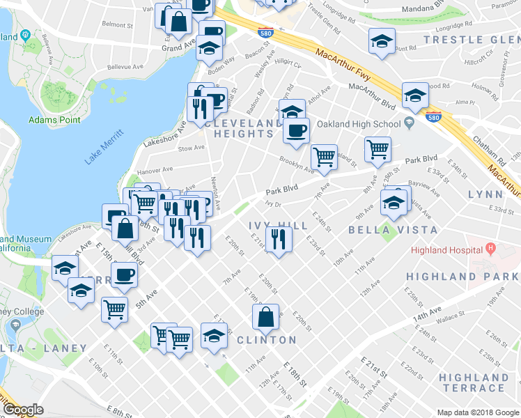 map of restaurants, bars, coffee shops, grocery stores, and more near in Oakland