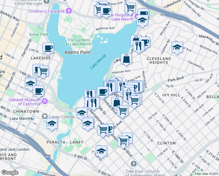 map of restaurants, bars, coffee shops, grocery stores, and more near 1830 Lakeshore Avenue in Oakland