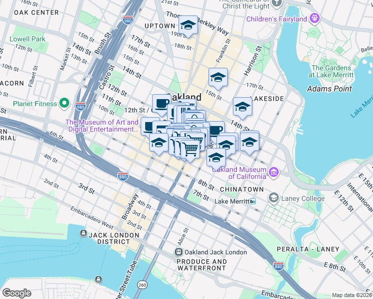 map of restaurants, bars, coffee shops, grocery stores, and more near in Oakland