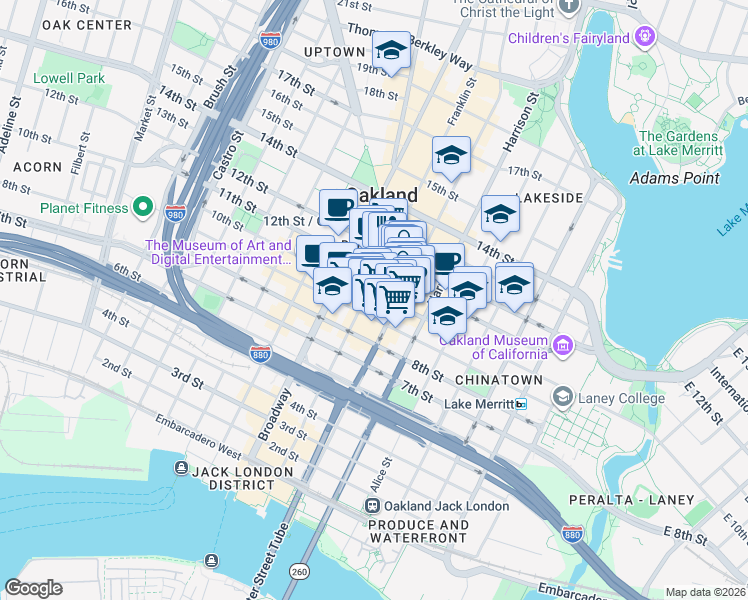 map of restaurants, bars, coffee shops, grocery stores, and more near in Oakland