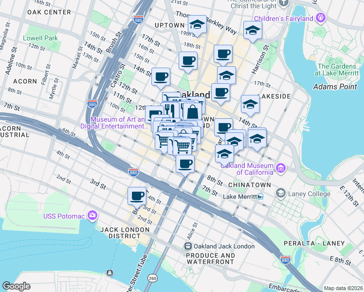 map of restaurants, bars, coffee shops, grocery stores, and more near 1000 Broadway in Oakland