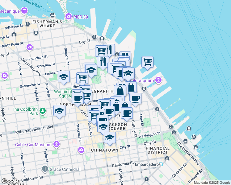 map of restaurants, bars, coffee shops, grocery stores, and more near 1235 Sansome Street in San Francisco