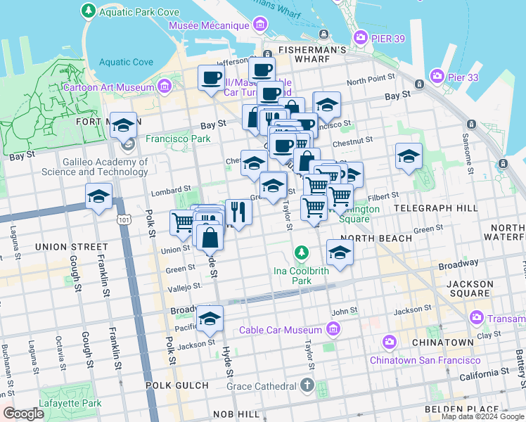 map of restaurants, bars, coffee shops, grocery stores, and more near 1020 Greenwich Street in San Francisco