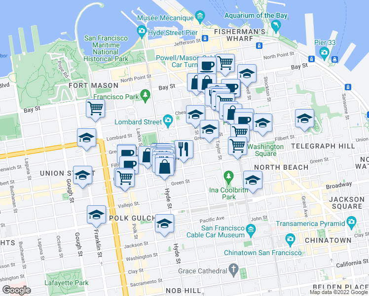 map of restaurants, bars, coffee shops, grocery stores, and more near 2215 Leavenworth Street in San Francisco