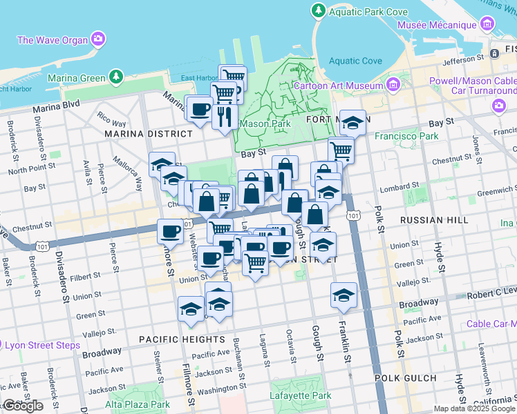 map of restaurants, bars, coffee shops, grocery stores, and more near 1625 Chestnut Street in San Francisco