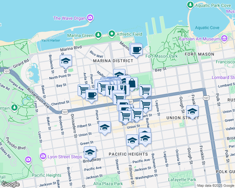 map of restaurants, bars, coffee shops, grocery stores, and more near 3500 Fillmore Street in San Francisco