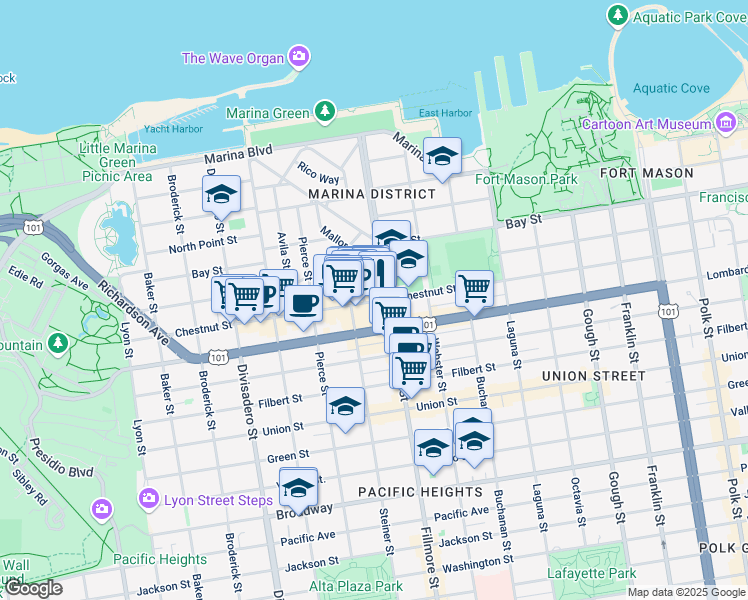 map of restaurants, bars, coffee shops, grocery stores, and more near in San Francisco
