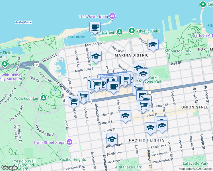 map of restaurants, bars, coffee shops, grocery stores, and more near 104 Avila Street in San Francisco