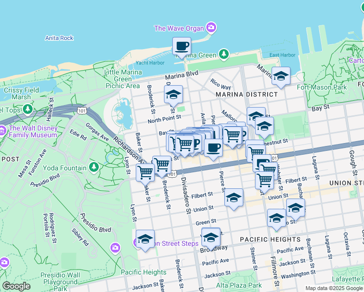 map of restaurants, bars, coffee shops, grocery stores, and more near 3425 Scott Street in San Francisco