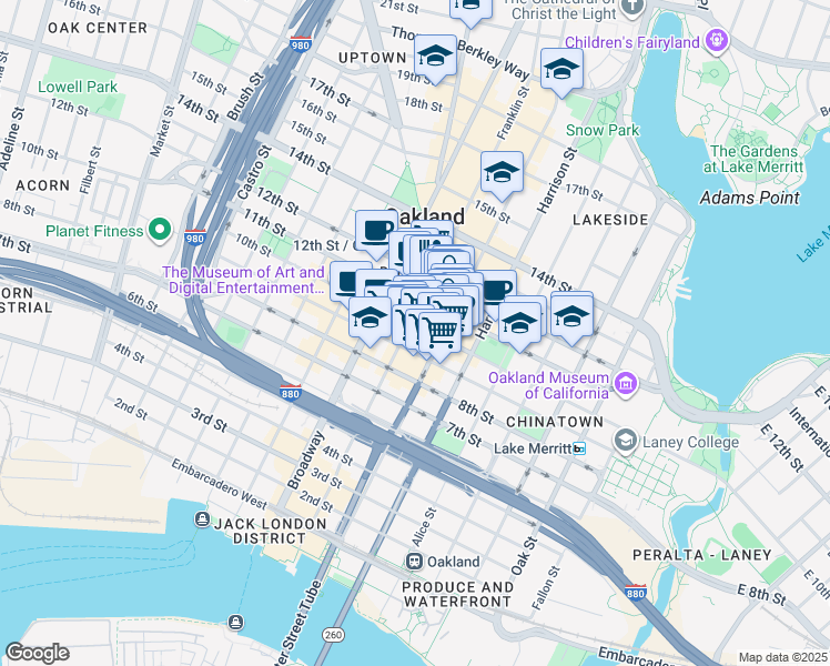 map of restaurants, bars, coffee shops, grocery stores, and more near in Oakland
