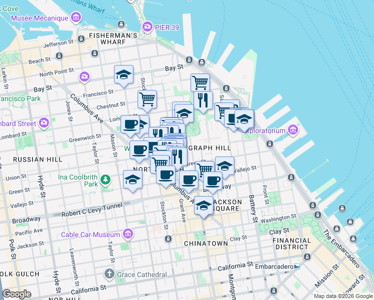 map of restaurants, bars, coffee shops, grocery stores, and more near Union Street & Sonoma Street in San Francisco