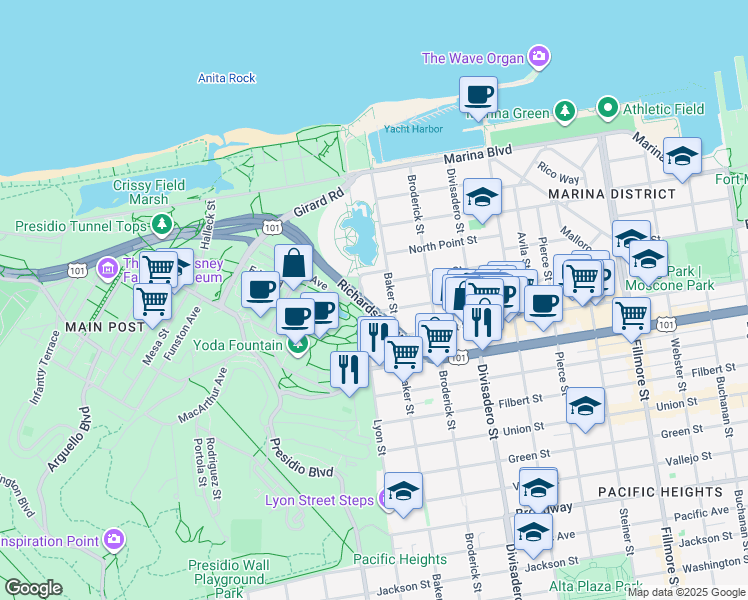 map of restaurants, bars, coffee shops, grocery stores, and more near 220 Richardson Avenue in San Francisco
