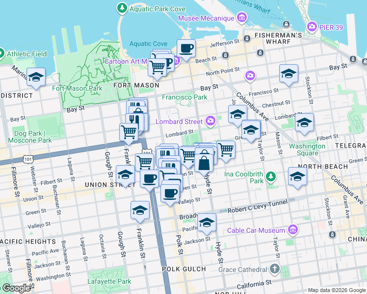 map of restaurants, bars, coffee shops, grocery stores, and more near Greenwich St & Larkin St in San Francisco