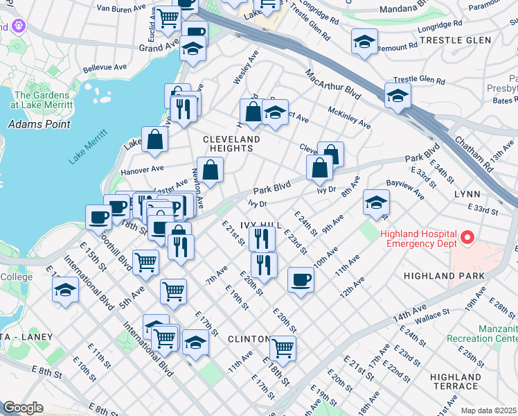 map of restaurants, bars, coffee shops, grocery stores, and more near in Oakland