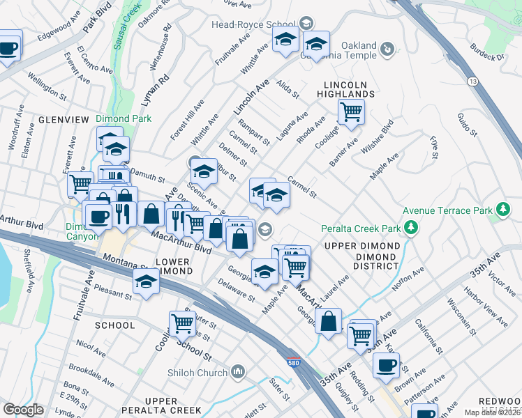 map of restaurants, bars, coffee shops, grocery stores, and more near 2726 Madeline Street in Oakland