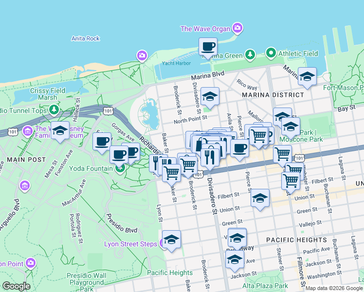 map of restaurants, bars, coffee shops, grocery stores, and more near 2301 Bay Street in San Francisco