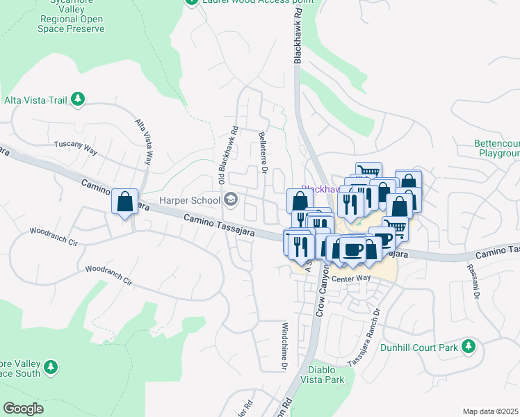 map of restaurants, bars, coffee shops, grocery stores, and more near 212 Abigail Circle in Danville