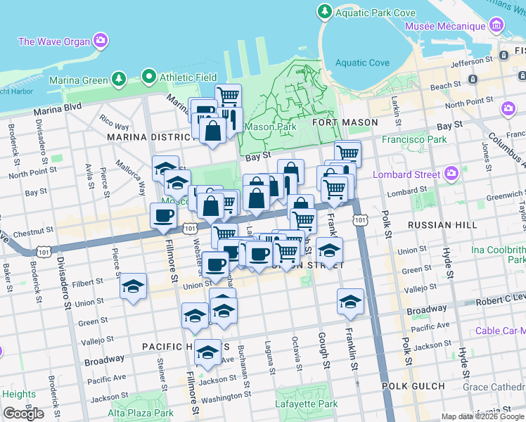 map of restaurants, bars, coffee shops, grocery stores, and more near 1625 Chestnut Street in San Francisco