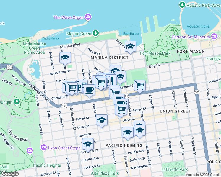 map of restaurants, bars, coffee shops, grocery stores, and more near 2016 Chestnut Street in San Francisco