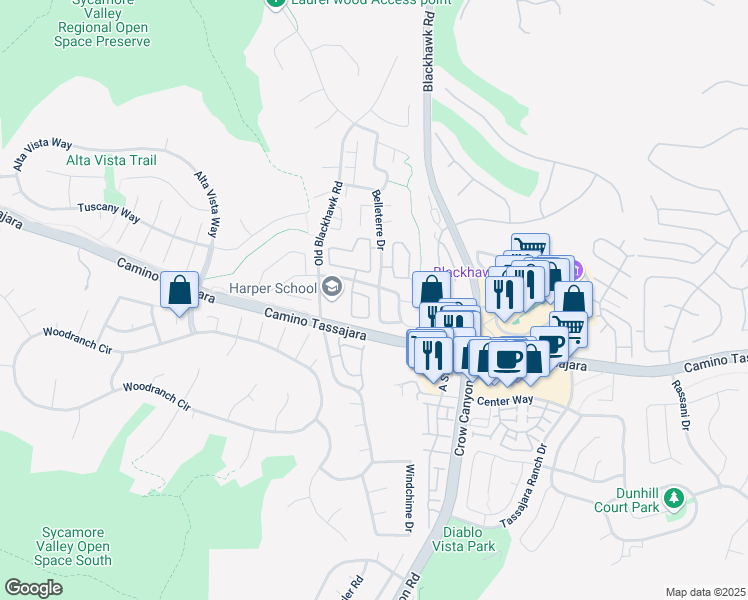 map of restaurants, bars, coffee shops, grocery stores, and more near 212 Abigail Circle in Danville