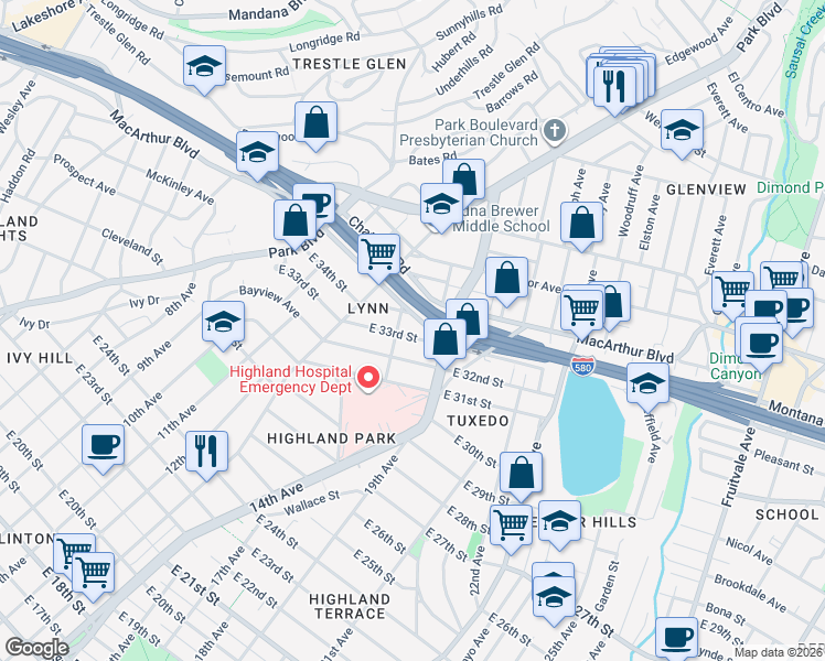 map of restaurants, bars, coffee shops, grocery stores, and more near 1420 East 33rd Street in Oakland