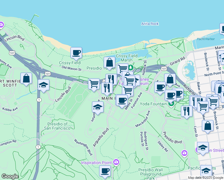 map of restaurants, bars, coffee shops, grocery stores, and more near 104 Montgomery Street in San Francisco