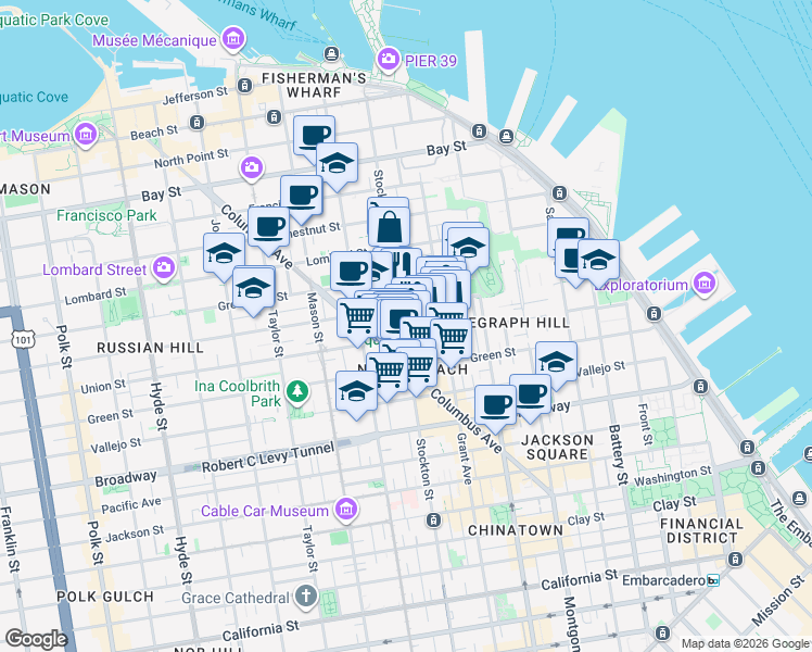map of restaurants, bars, coffee shops, grocery stores, and more near 99 Krausgrill Place in San Francisco