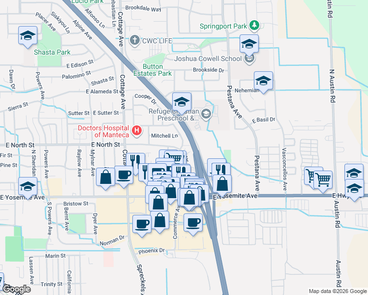map of restaurants, bars, coffee shops, grocery stores, and more near 290 Northwoods Avenue in Manteca