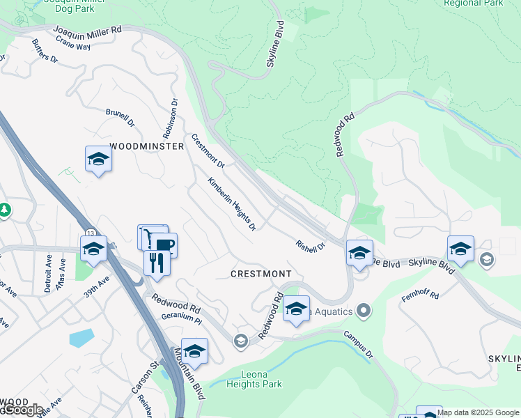 map of restaurants, bars, coffee shops, grocery stores, and more near 166 Rishell Drive in Oakland
