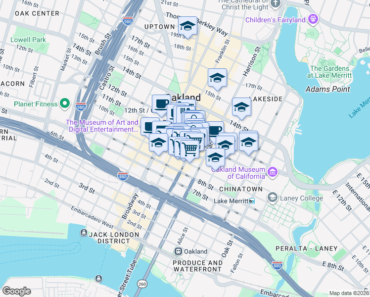 map of restaurants, bars, coffee shops, grocery stores, and more near in Oakland