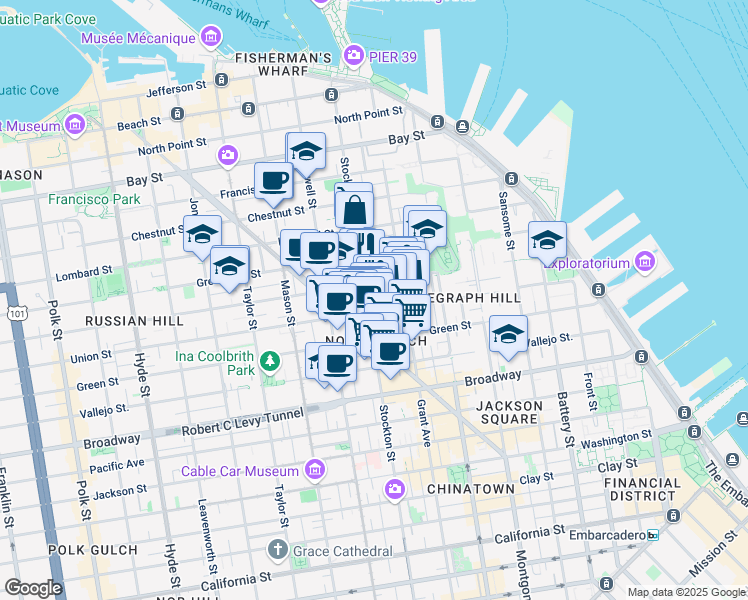map of restaurants, bars, coffee shops, grocery stores, and more near 1630 Stockton Street in San Francisco