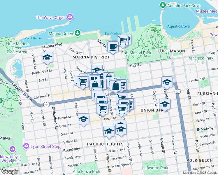 map of restaurants, bars, coffee shops, grocery stores, and more near 1895 Chestnut Street in San Francisco