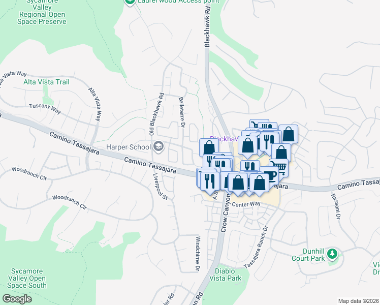 map of restaurants, bars, coffee shops, grocery stores, and more near 53 Woodvalley Drive in Danville